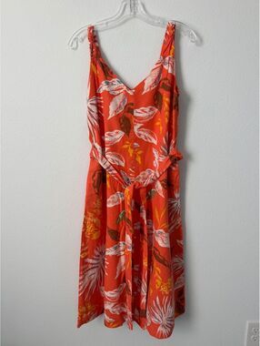 GAP Linen Blend Sleeveless V-Neck Belted Tropical Vacay Midi Dress Size S
